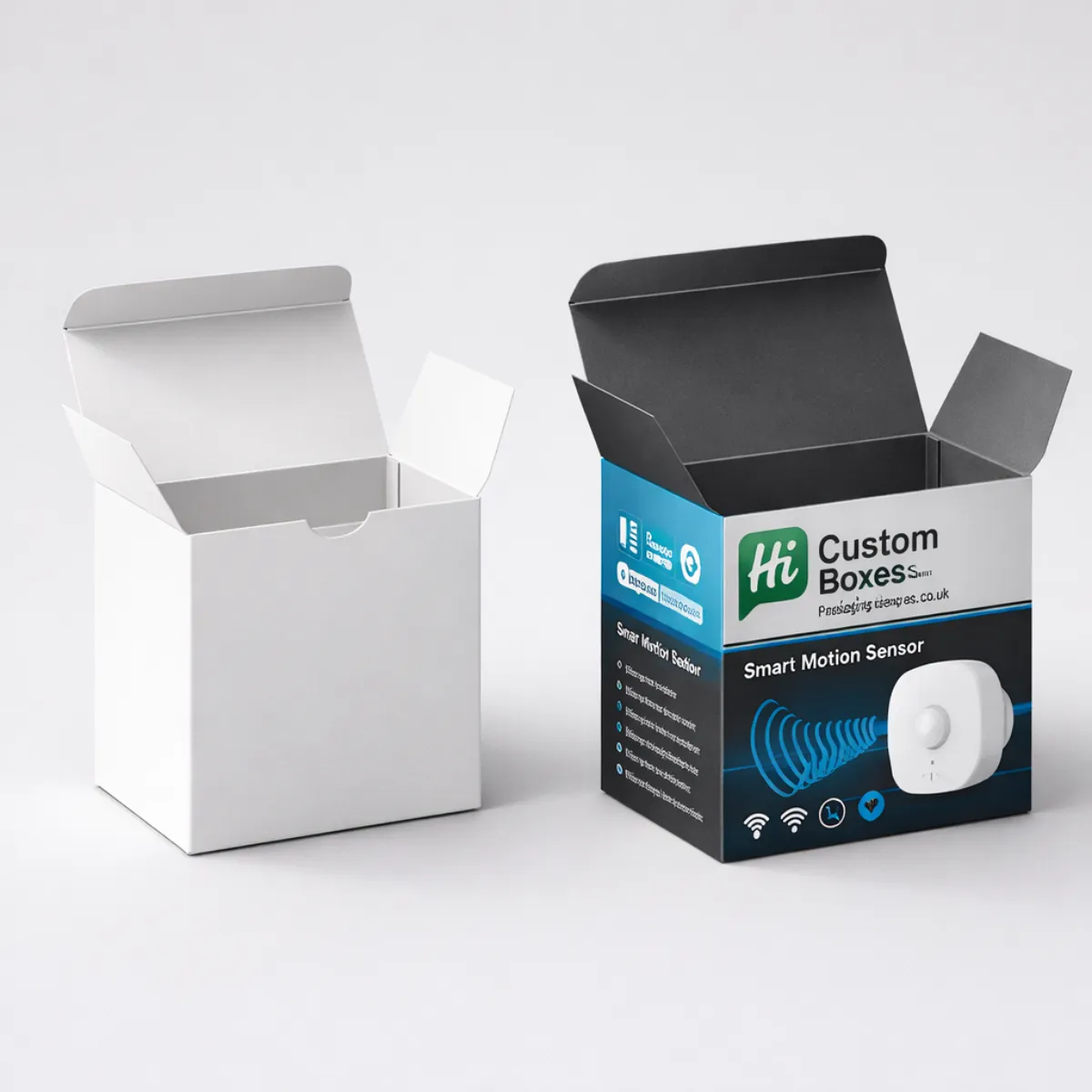 Photorealistic 3D render of a blank white and branded blue motion sensor retail box. class=